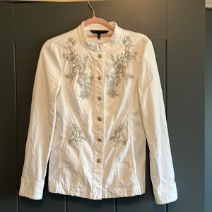 White House Black Market, white with Silver embroidery floral jacket, Size 4